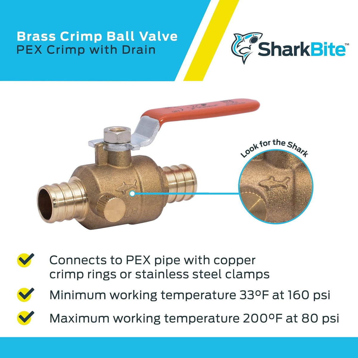 SharkBite 3/4 Inch Crimp Ball Valve with Drain, Brass Plumbing Fitting, PEX Pipe, PE-RT, 24613LFA