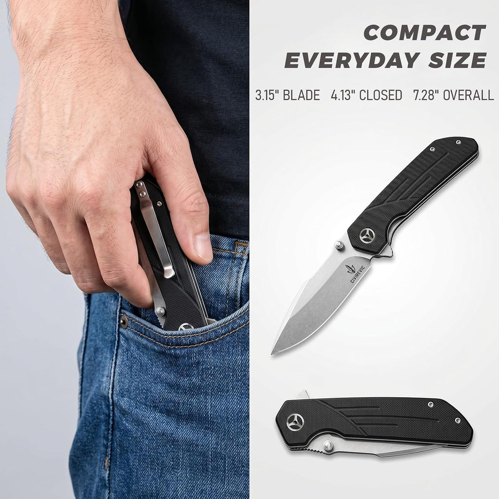 EDC Folding Pocket Knife with G10 Handle and 1.4116 Steel | 3.15" Stonewashed Blade, Lightweight Design for Work and
