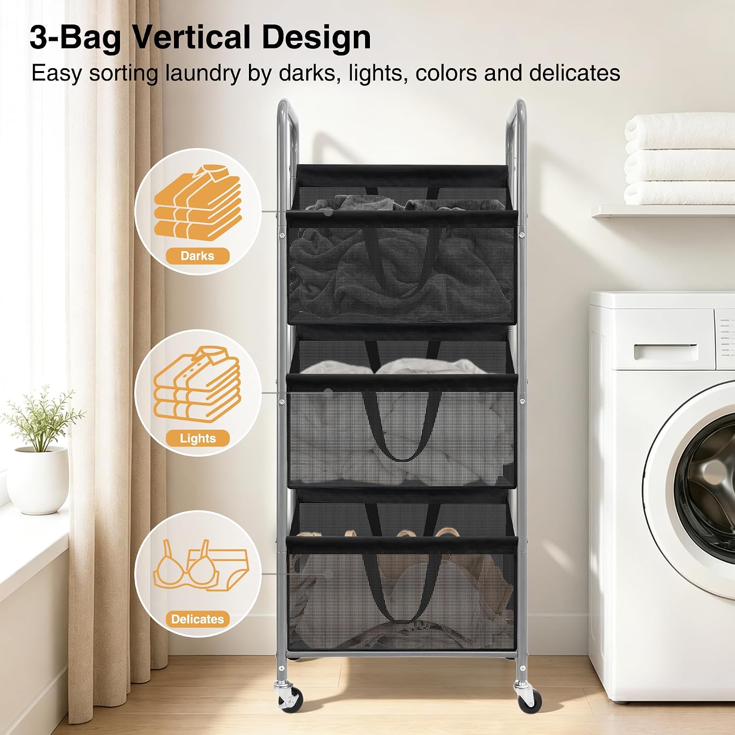 3-Tier Vertical Rolling Laundry Hamper, Removable Bags, Black Mesh | 120L Capacity, Space-Saving Vertical Design