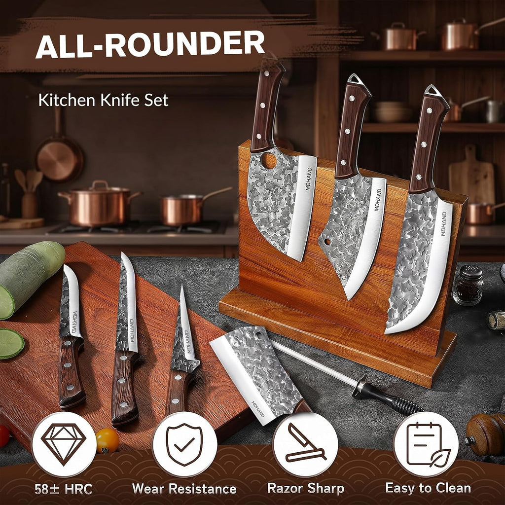 Butcher Knife Set, Hand Forged Butcher Chef Knife Set with Roll Bag