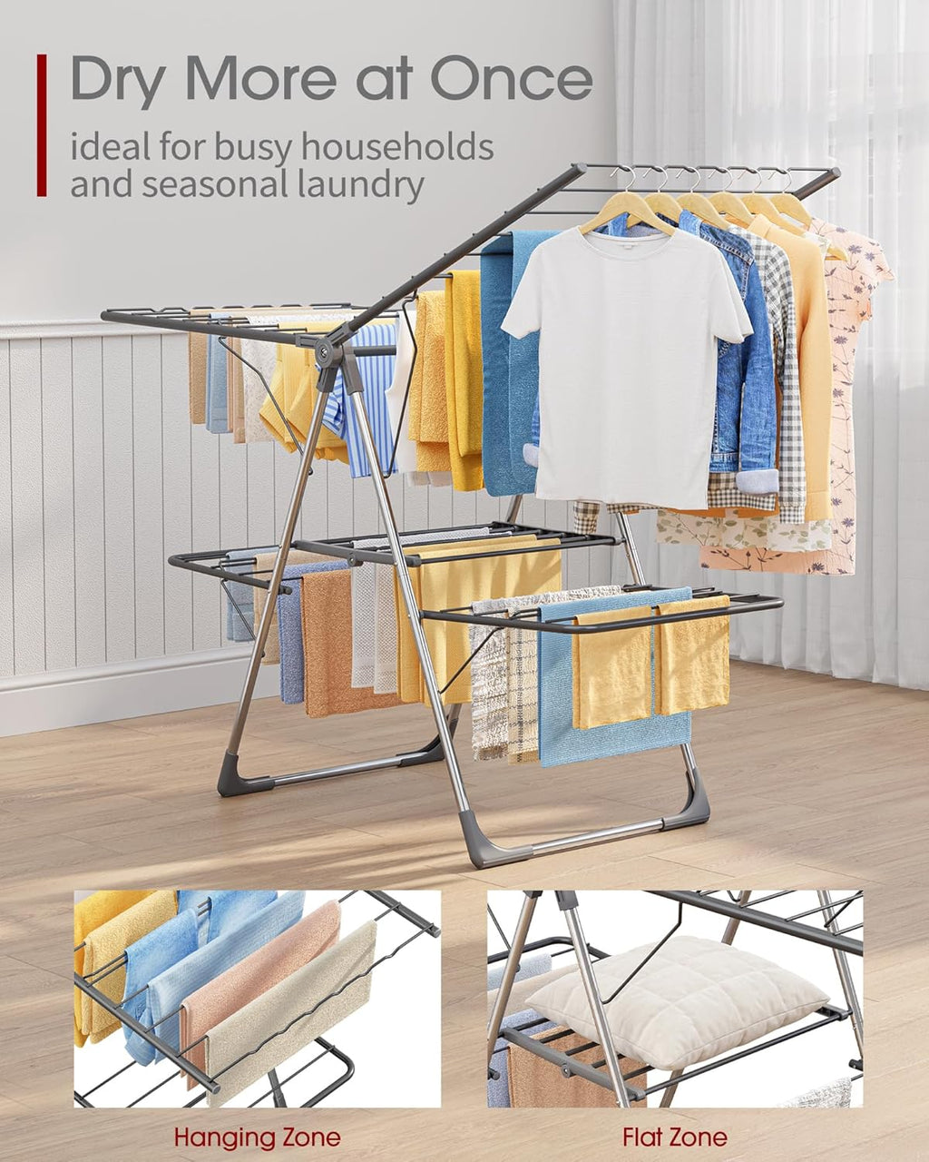 Clothes Drying Rack, Foldable 2-Level with 55.5" Adjustable Wings | Laundry Room, Bedroom, Indoor & Outdoor Use