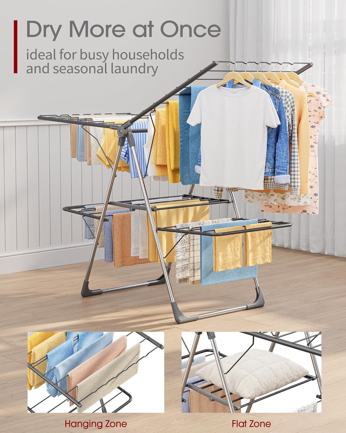 Clothes Drying Rack, Foldable 2-Level with 55.5" Adjustable Wings | Laundry Room, Bedroom, Indoor & Outdoor Use