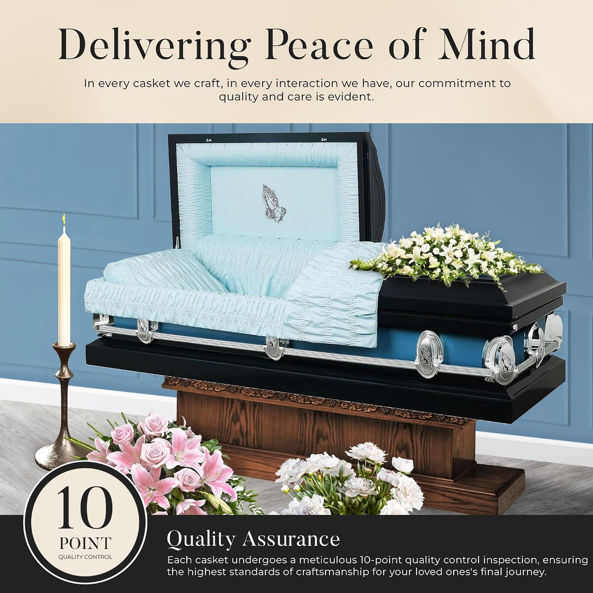 The Prayer Metal Funeral Casket with White Crepe Interior