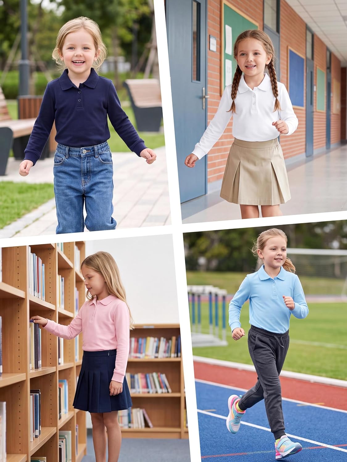 4 Pieces Girls' Long Sleeve Polo Shirt School Uniform Interlock Polo Shirt with Picot Collar, Button Closure