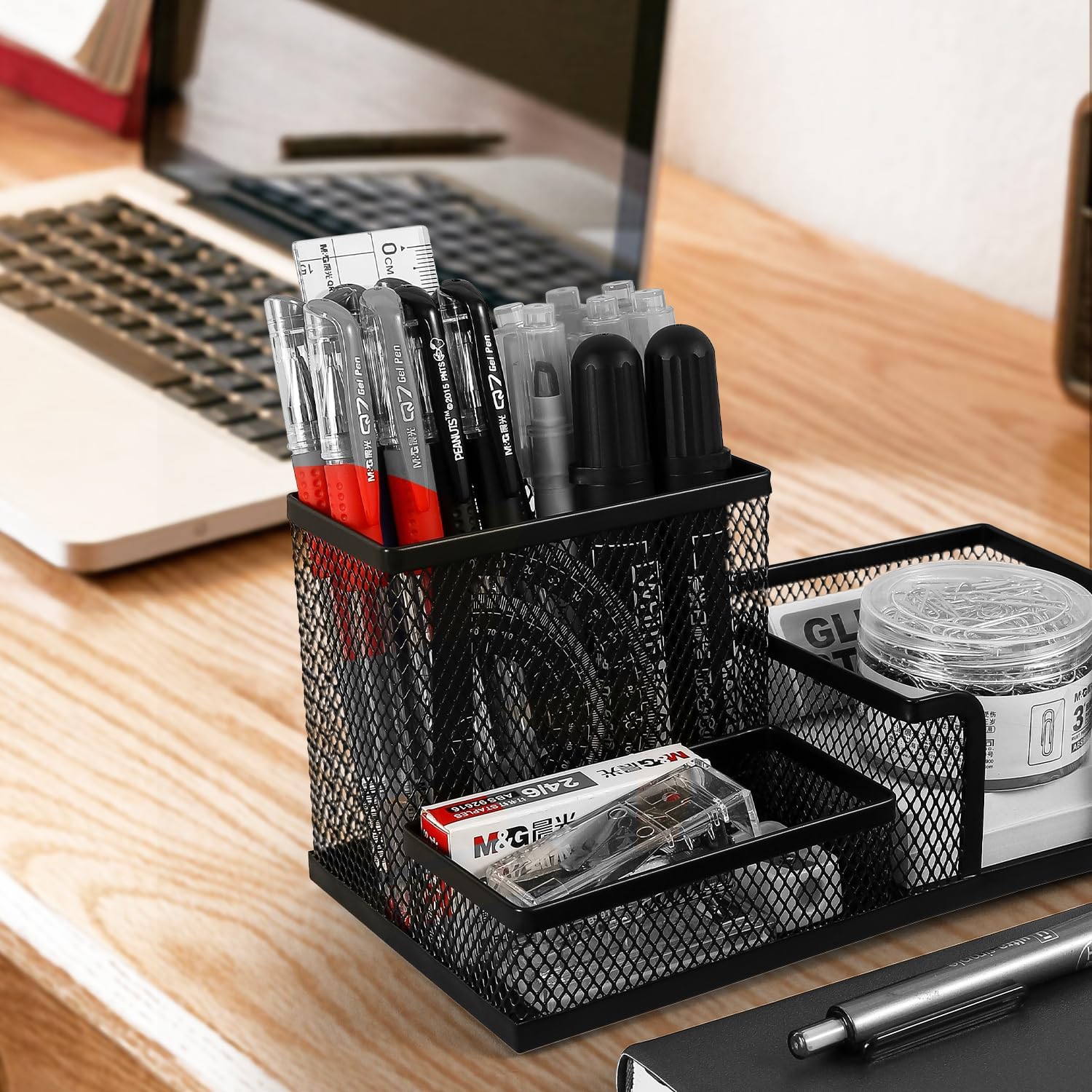 Mesh Pen Holder Desk Organizers Pencil Holder for Desk Black, 3 Compartments Metal Office Supply Organizer with