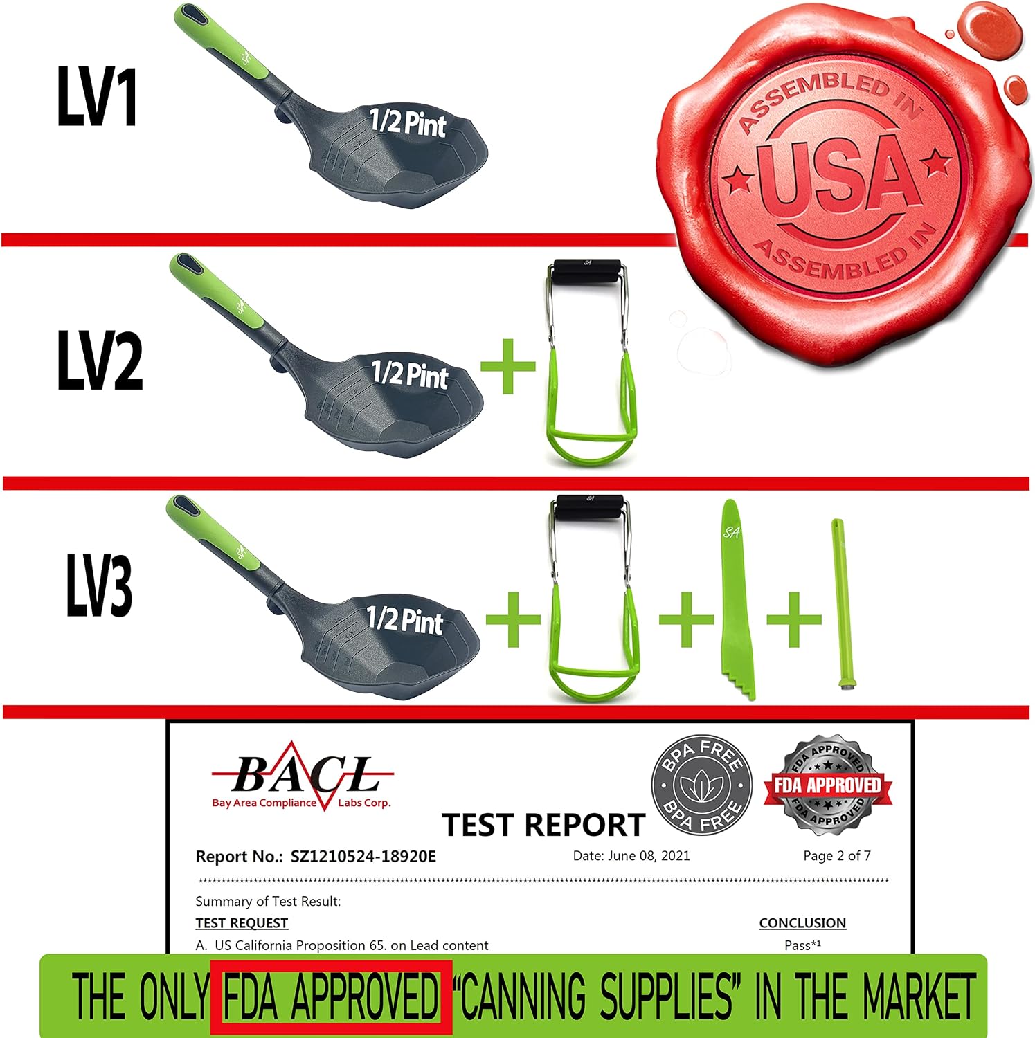 Jar lifter and Canning Ladle 1/2 Pint Capacity - Canning Supplies with Magnetic lid lifter + Bubble Popper (Assembled