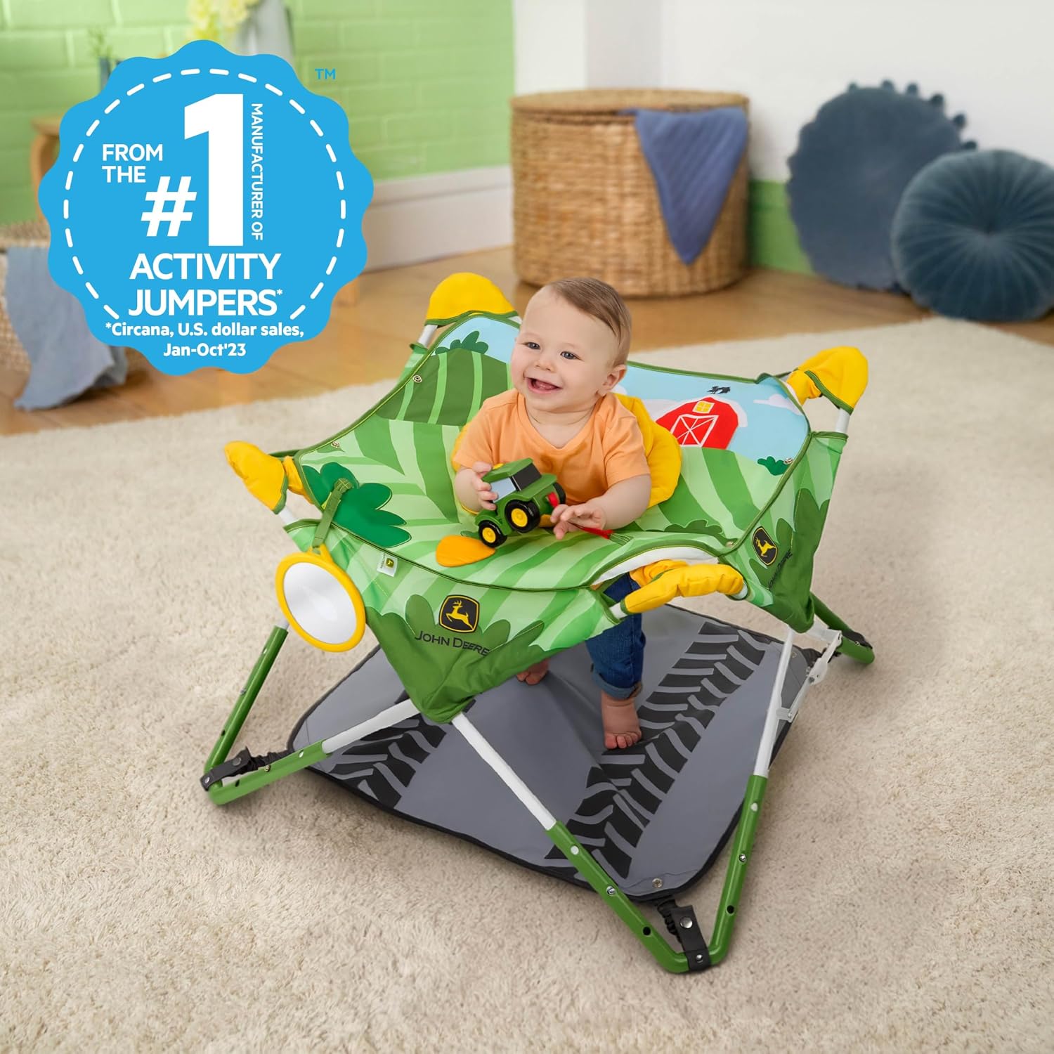 John Deere Pop 'N Jump Portable Baby Jumper, Foldable Indoor/Outdoor Baby Jumper with Sensory Activities, Ages 6–12