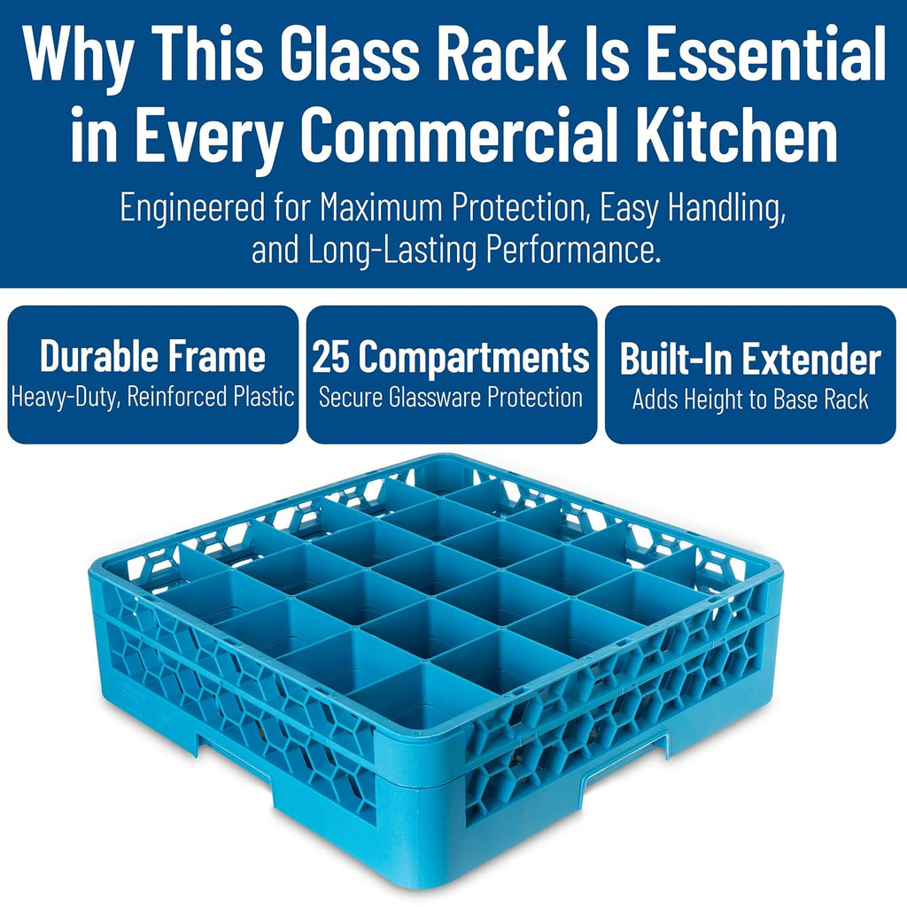 RG25-114 OptiClean 25 Compartment Glass Rack with Extender, 3-1/2" Compartments, Blue (Pack of 4)
