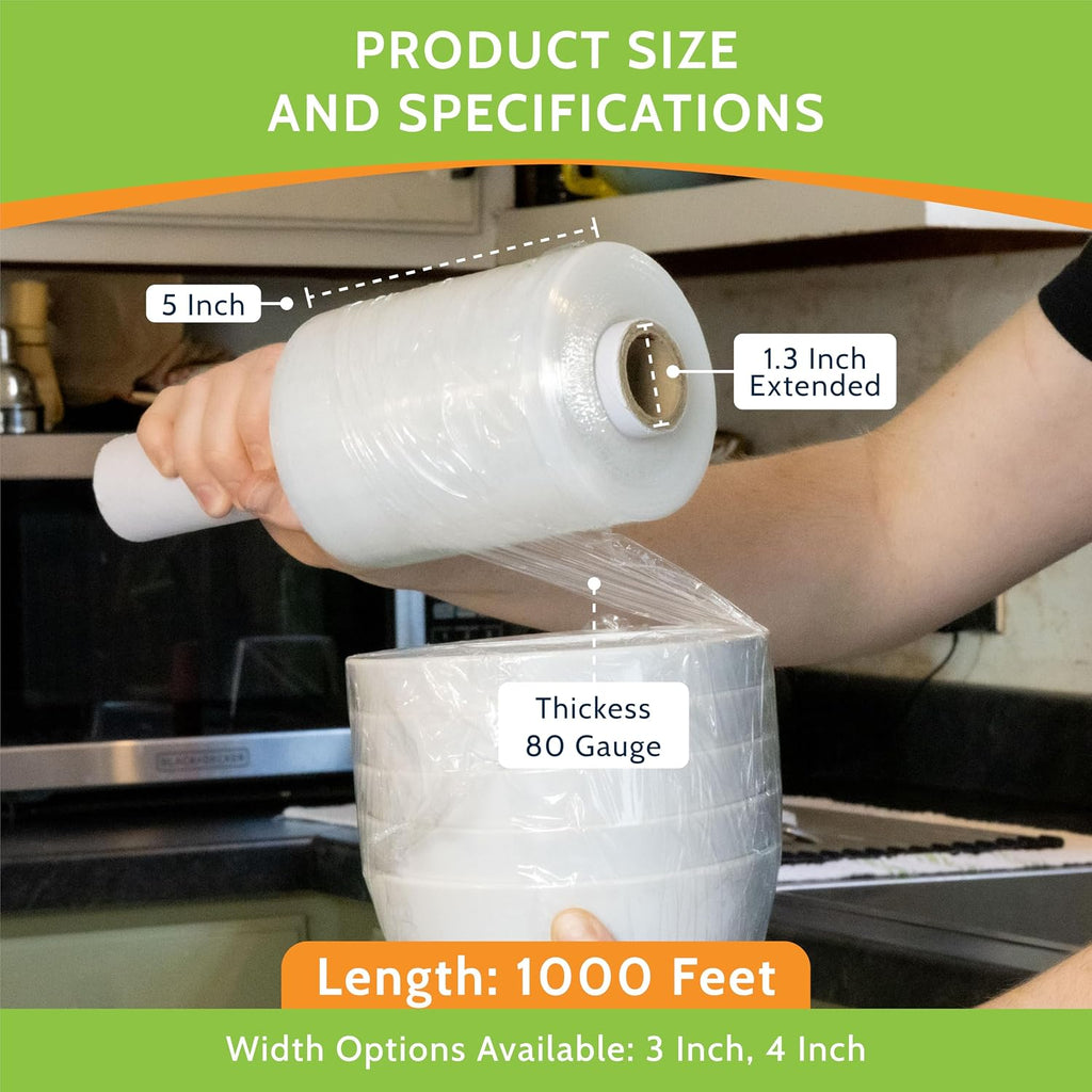 PSBM Mini Stretch Wrap Extended Core, 5" x 1000', 80 Gauge, Clear 12 Rls