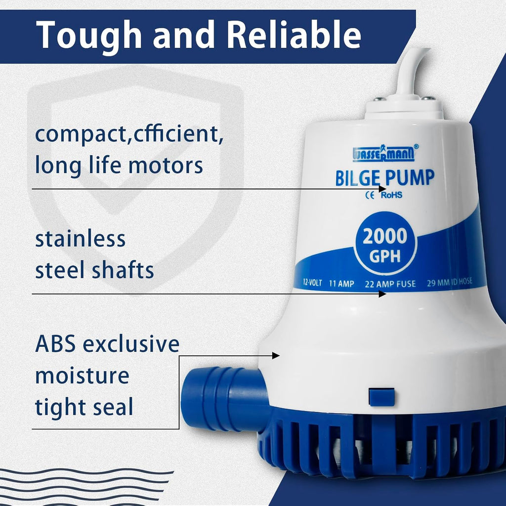 WASSERMANN 2000GPH Prime Bilge Pump 12V, Upgraded Heavy-Duty Marine Submersible Bilge Water Pumps for Boats with Long Power Cord and Anti-Airlock Protection for Continuous Reliable Operation