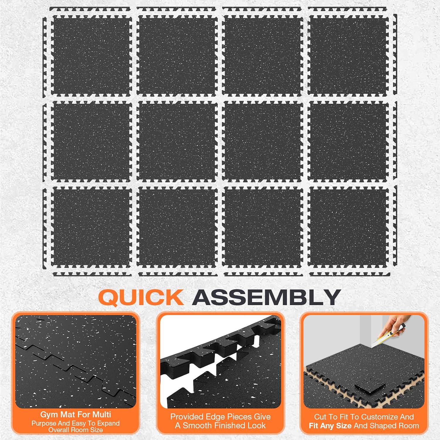 0.56'' Thick 12 Pcs 48 Sq Ft Non-Slip Rubber Top Exercise Equipment Mats, High Density EVA Foam Mats with Rubber Top