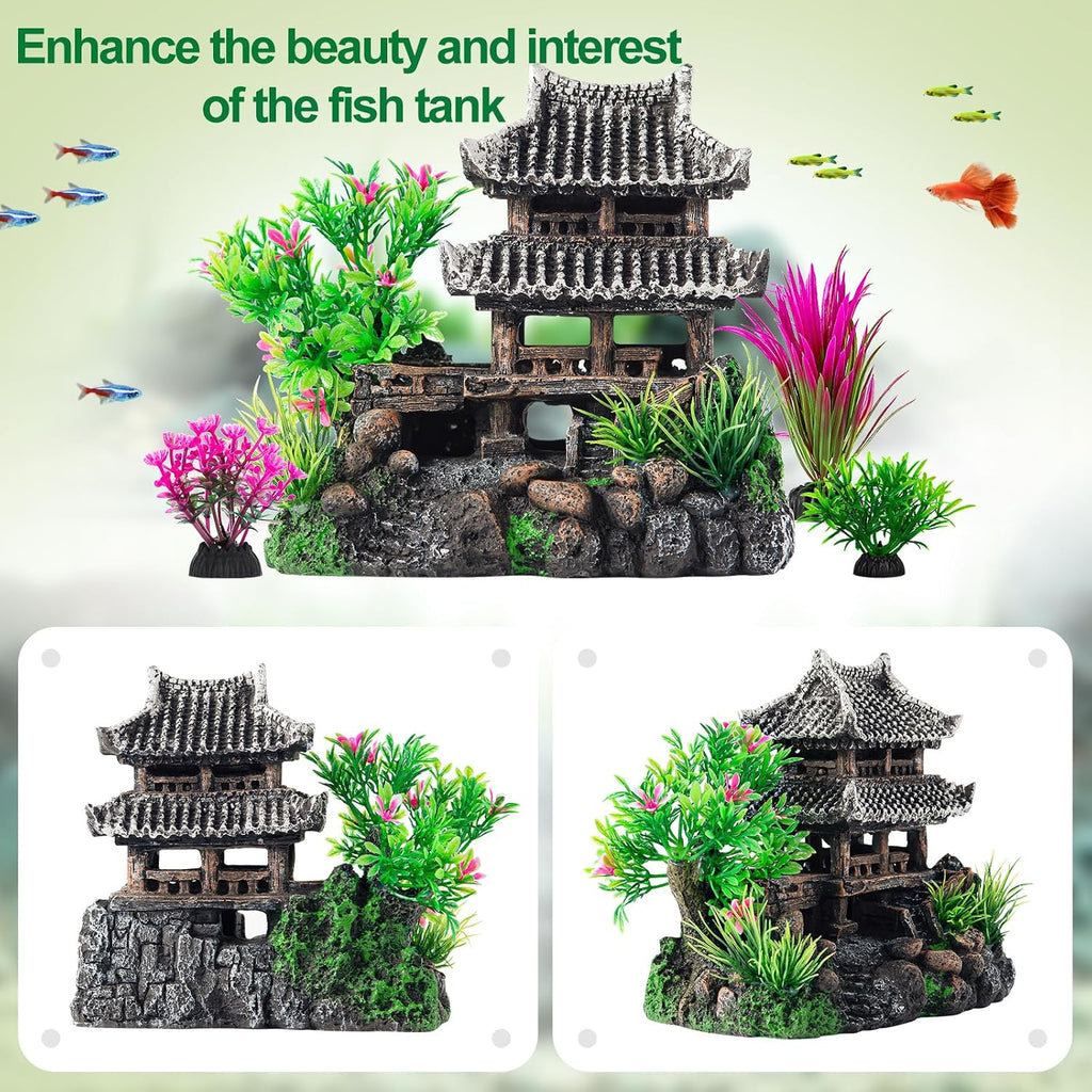 9Pcs Resin Castle Decorations Set，Realistic Fish Tank Castle with Eco-Friendly Design,Fish Tank Decorations Aquarium