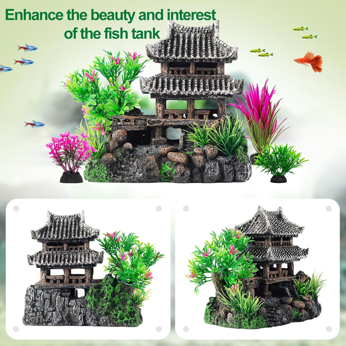 9Pcs Resin Castle Decorations Set，Realistic Fish Tank Castle with Eco-Friendly Design,Fish Tank Decorations Aquarium