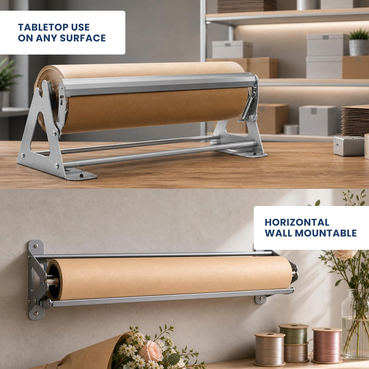 18 Inch Paper Roll Dispenser and Cutter - Heavy-Duty Wall Mountable, Non Slip Tabletop - Kraft, Freezer, Butcher
