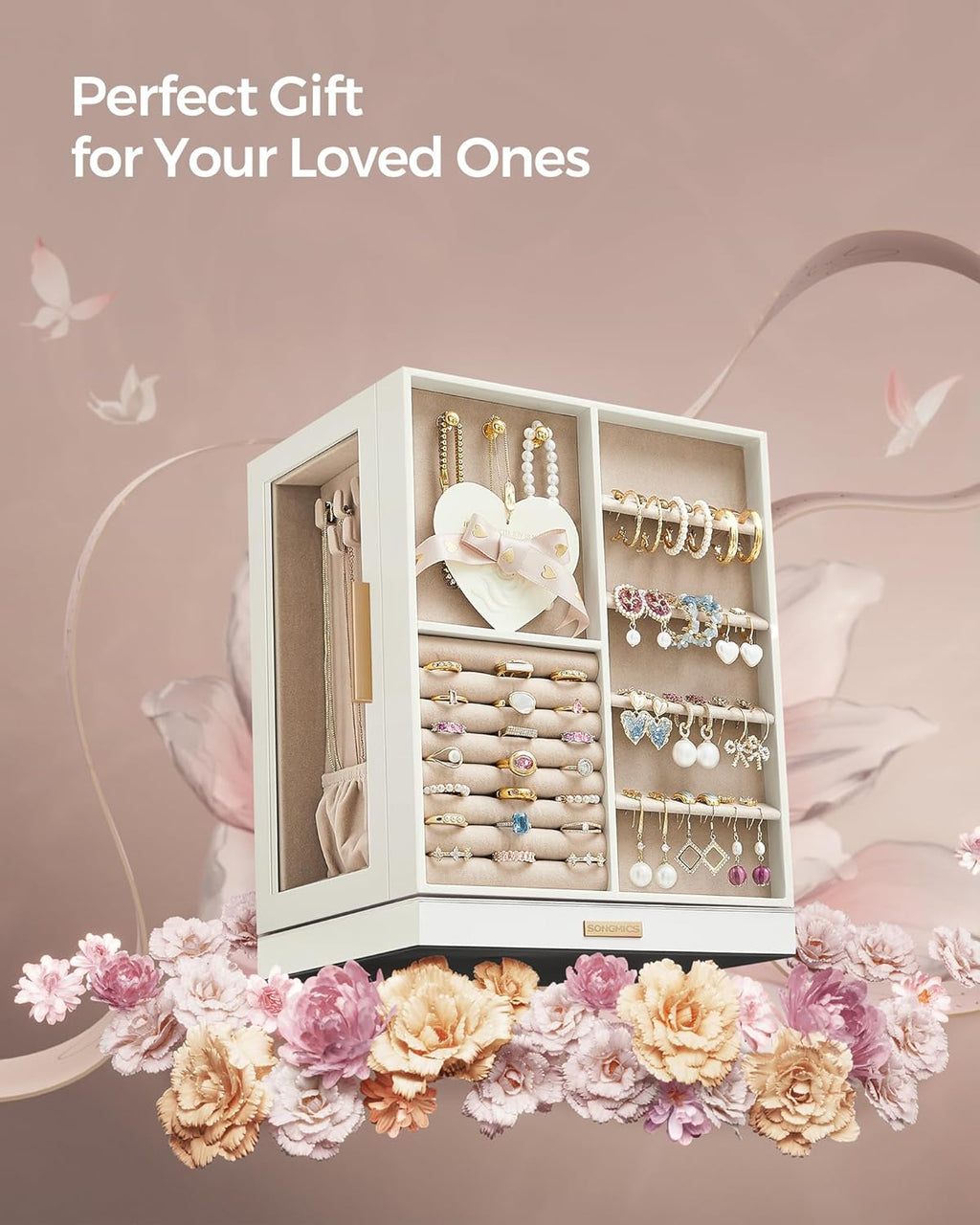 GISELLA Collection - Jewelry Box Organizer 360° Rotating, Vertical Jewelry Storage Case with 5 Drawers, Glass Window
