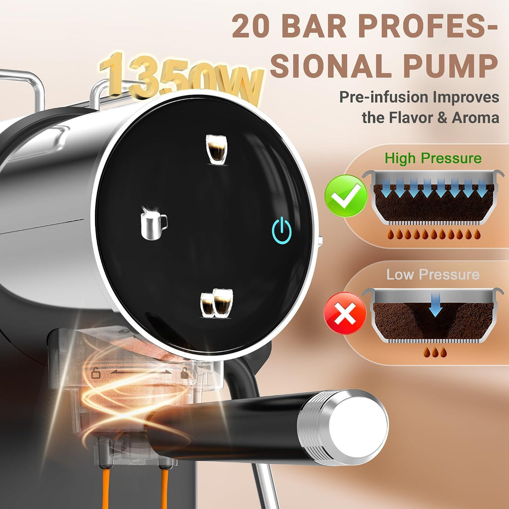 20 Bar Espresso Coffee Machine, Semi-Automatic Espresso Machine with Touch Panel, 1350W Espresso Maker with Steam