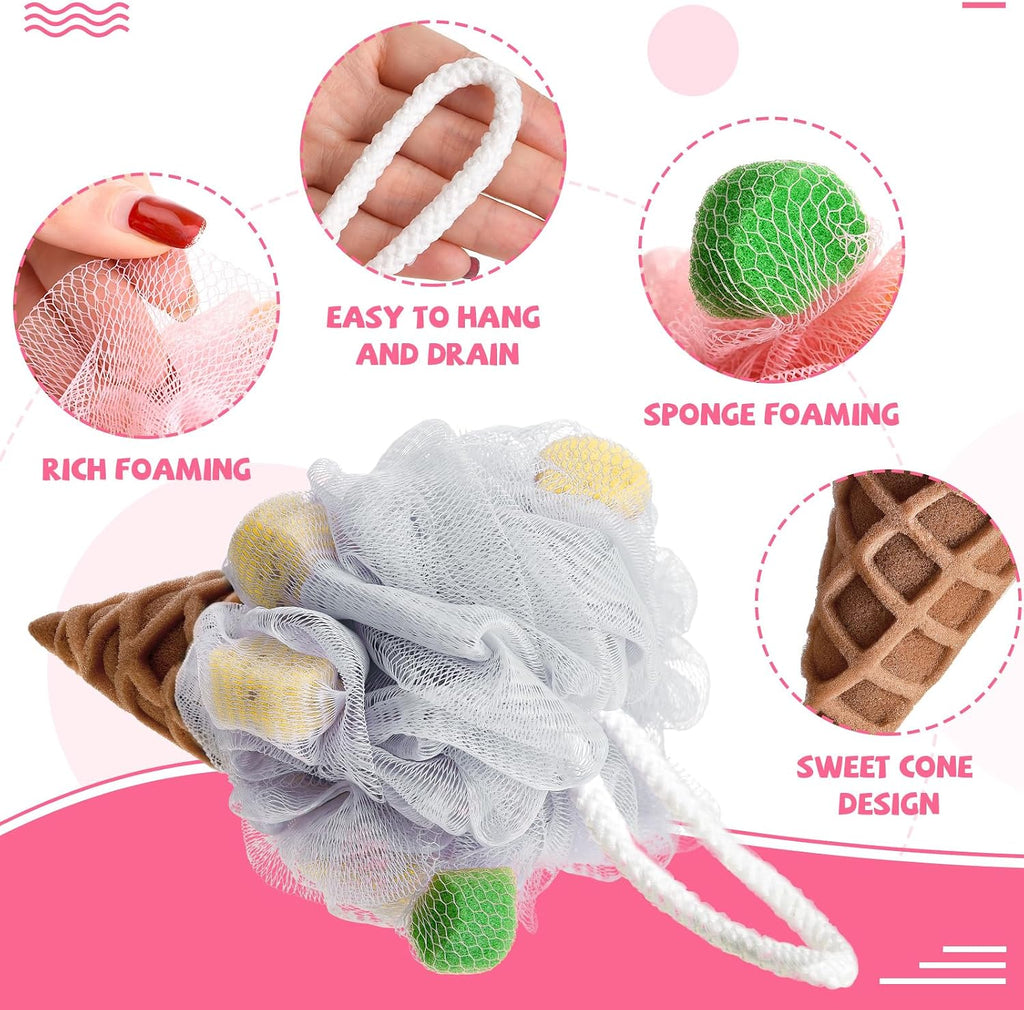 4 Pieces Kids Loofah Ice Cream Cone Bath Sponge Kids Bath Shower Sponge Body Scrubber Exfoliating Loofah for Spa Shower