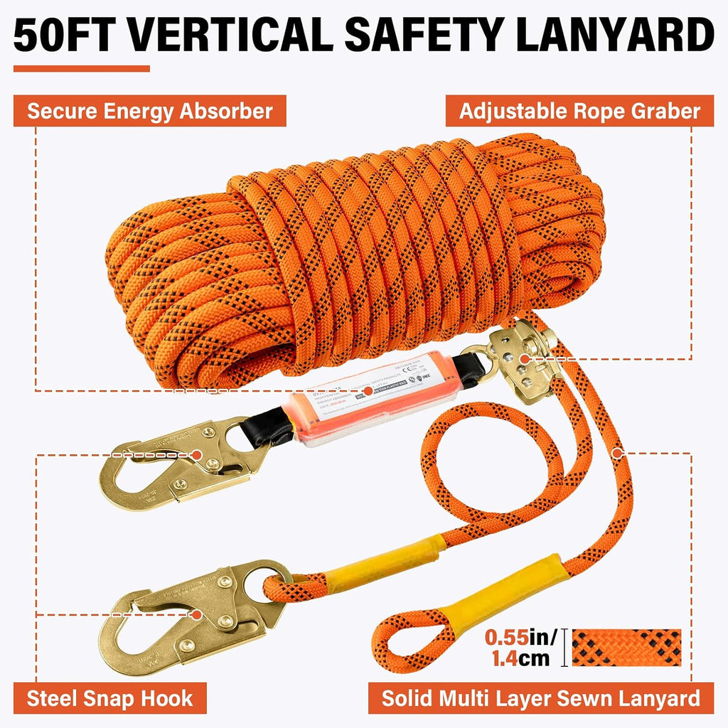Safety Harness Fall Protection Kit - Roofing Harnesses 50ft Safety Rope | Safety Rope for Roofing Lanyard Kit 5