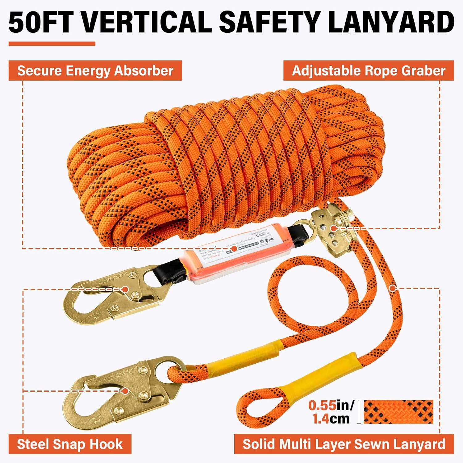 Safety Harness Fall Protection Kit - Roofing Harnesses 50ft Safety Rope | Safety Rope for Roofing Lanyard Kit 5
