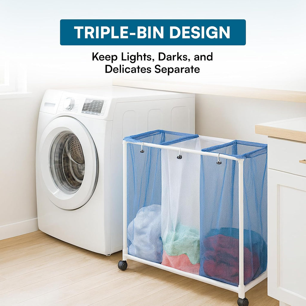 HMP-01629 3 bag mesh laundry sorter, 30.5" x 15.3" x 30" , Blue/White