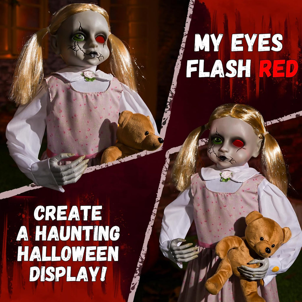 Halloween Animatronics 36inch Doll, 3ft Animated Decorations with Sound Activated, Creepy Sound, Light Up Eyes, Scary