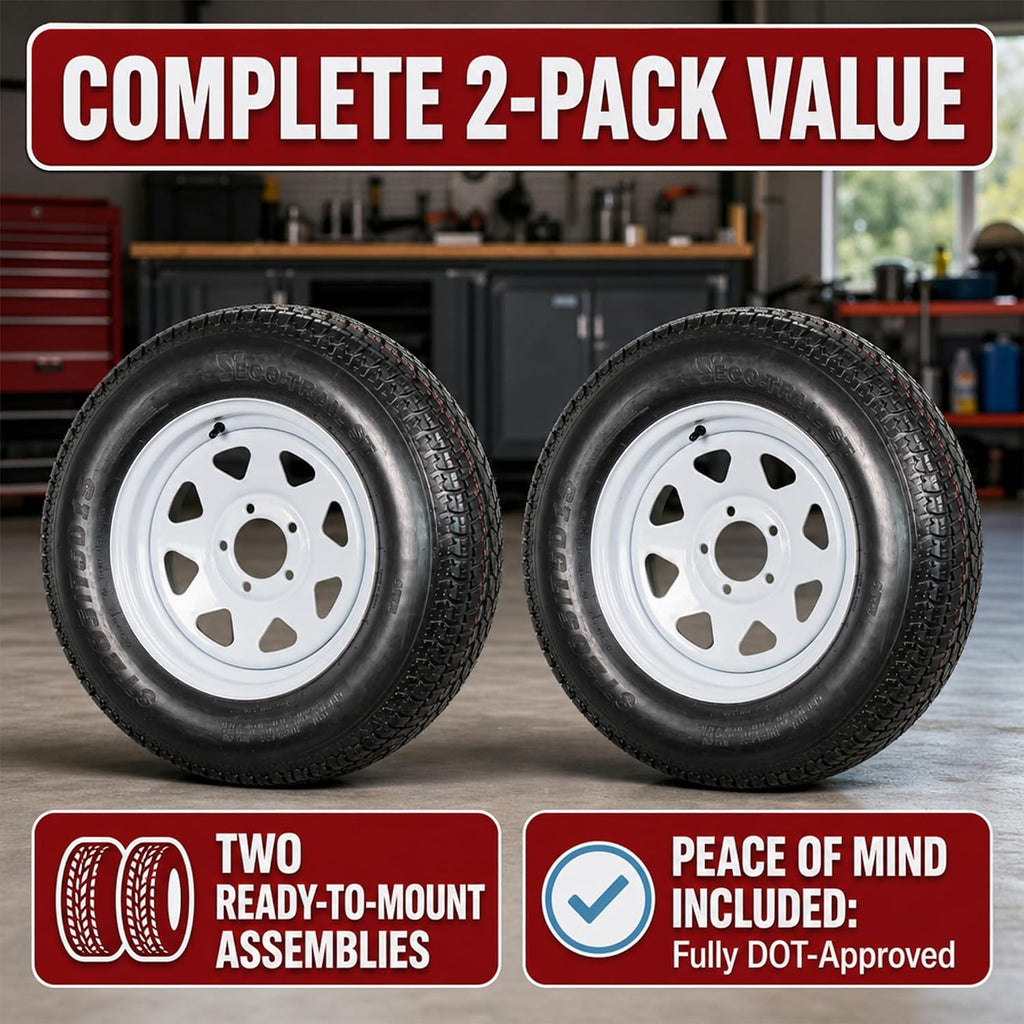 2-Pack Trailer Tire Rim Assembly ST205/75D15 15 Inch 5 Lug White
