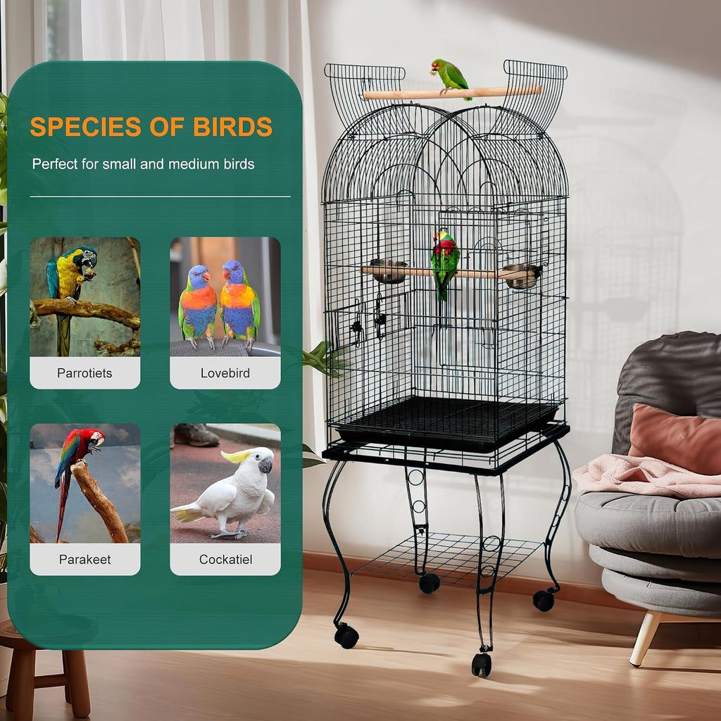 63.5 Inch Open-Top Birdcage, Wrought Iron Bird Cage with Slide-Out Tray + Detachable Rolling Stand, Pet Parrot Cage