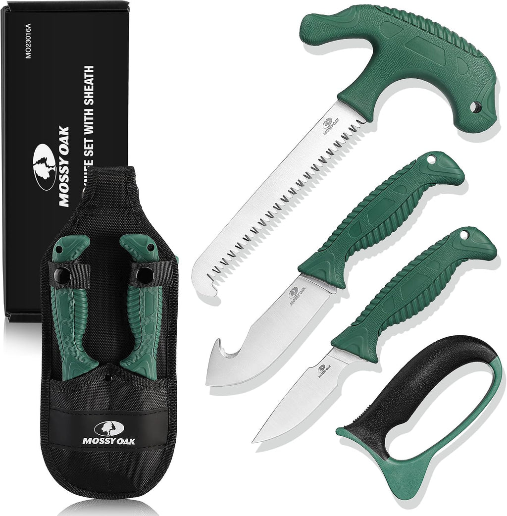 Field Dressing Kit, 4 Pcs Hunting Knife Set with Portable Sheath | Gut-Hook Skinner, Caping Knife, Wood/Bone Saw