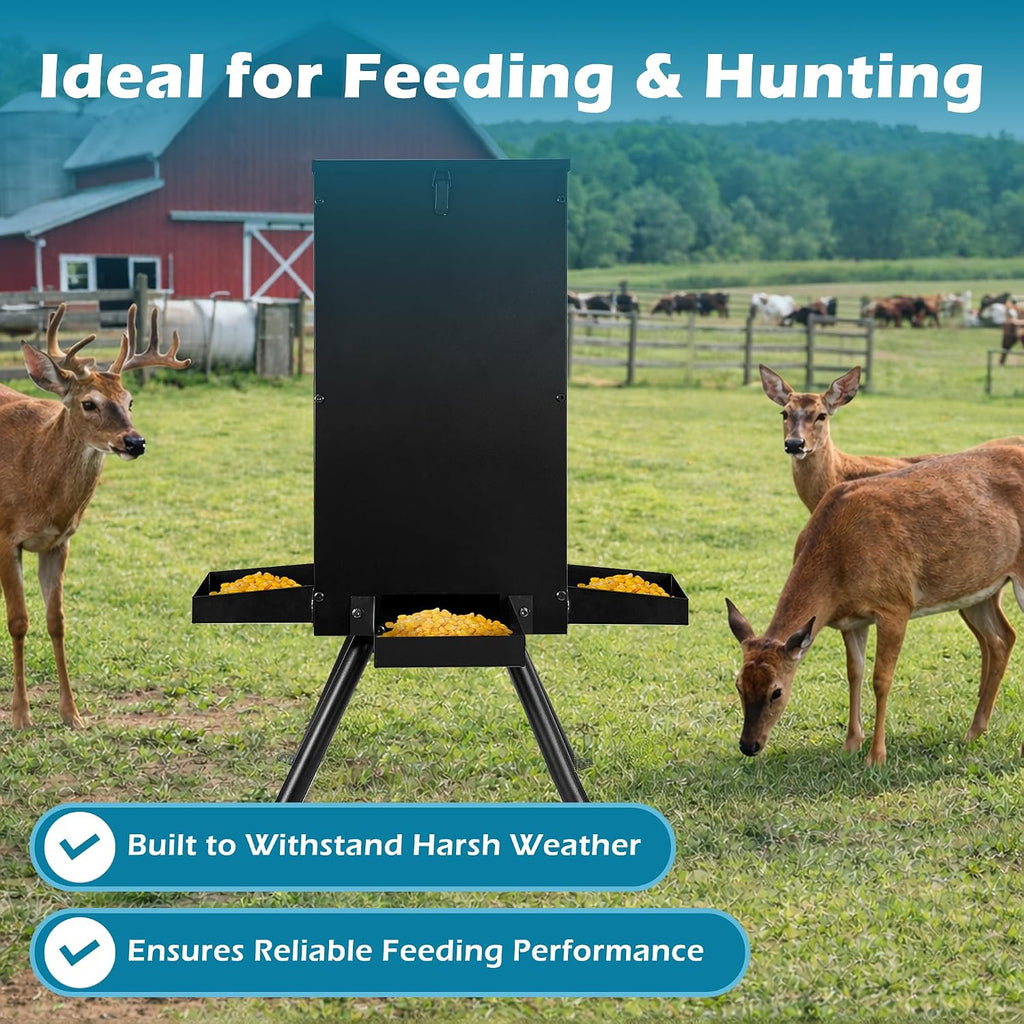 Deer Feeder 60-70 lbs, Weatherproof Deer Feeders, Heavy Duty Metal Gravity Deer Feeder with 4 Feeding Tray and 4-Leg