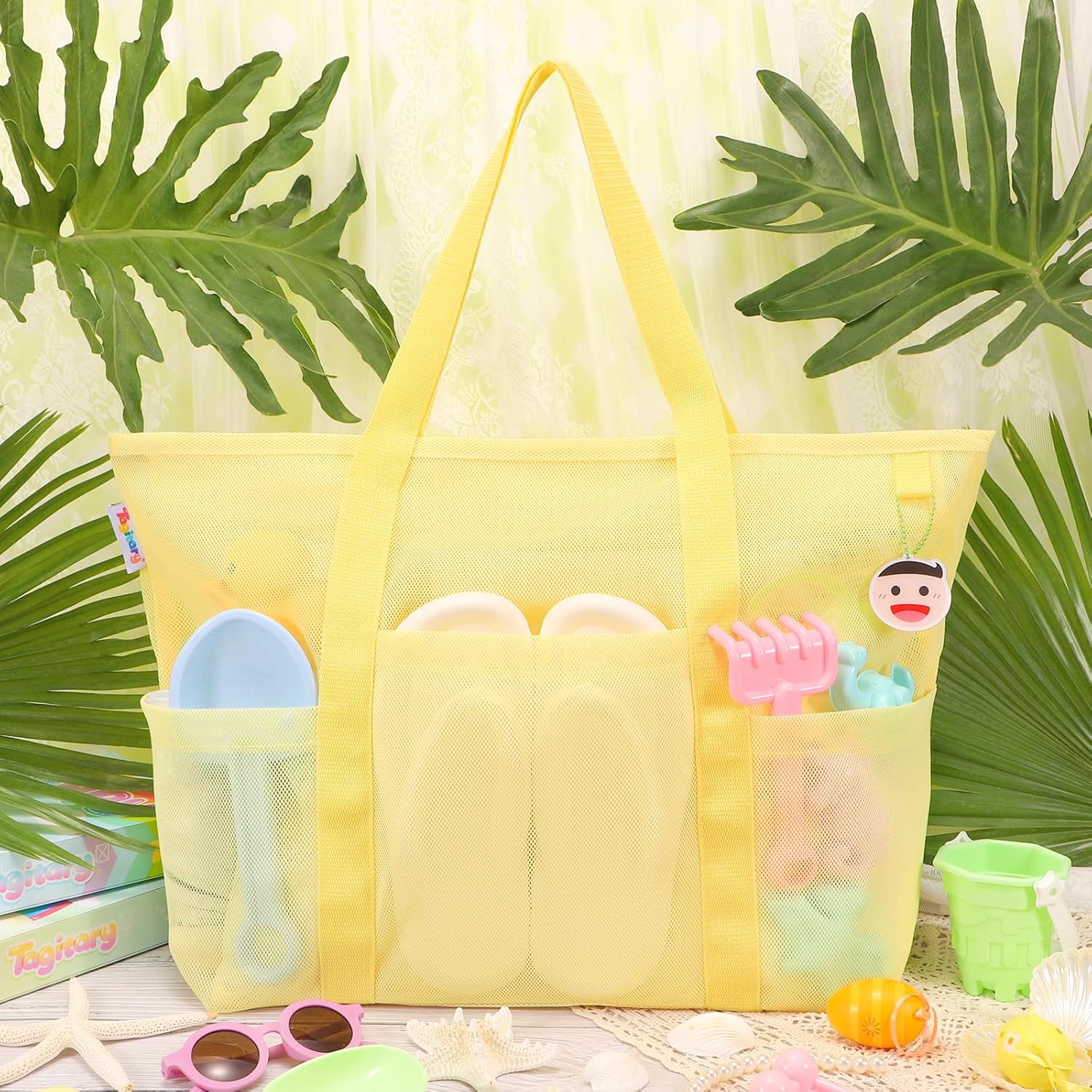 Beach Toys for Kids and Mesh Beach Bag with Zipper, Large Beach Tote with 8 Pockets, Sand Toys Storage Pool Bag Beach