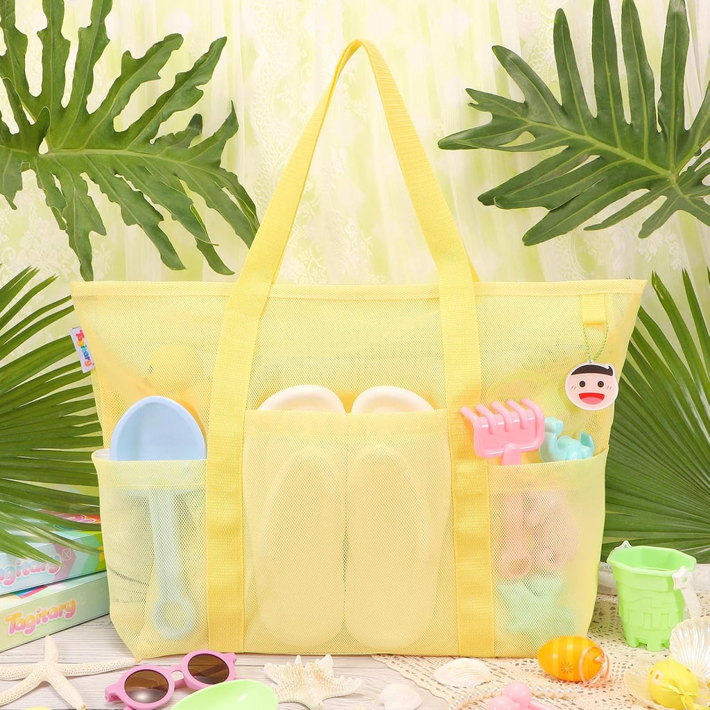Beach Toys for Kids and Mesh Beach Bag with Zipper, Large Beach Tote with 8 Pockets, Sand Toys Storage Pool Bag Beach