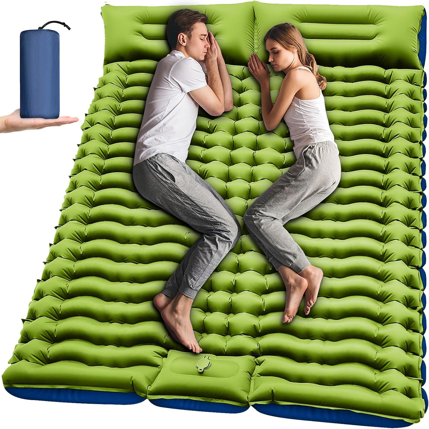 Double Sleeping Pad - Self Inflating 4" Extra-Thick for 2 Person with Pillow Built-in Foot Pump Inflatable Sleeping