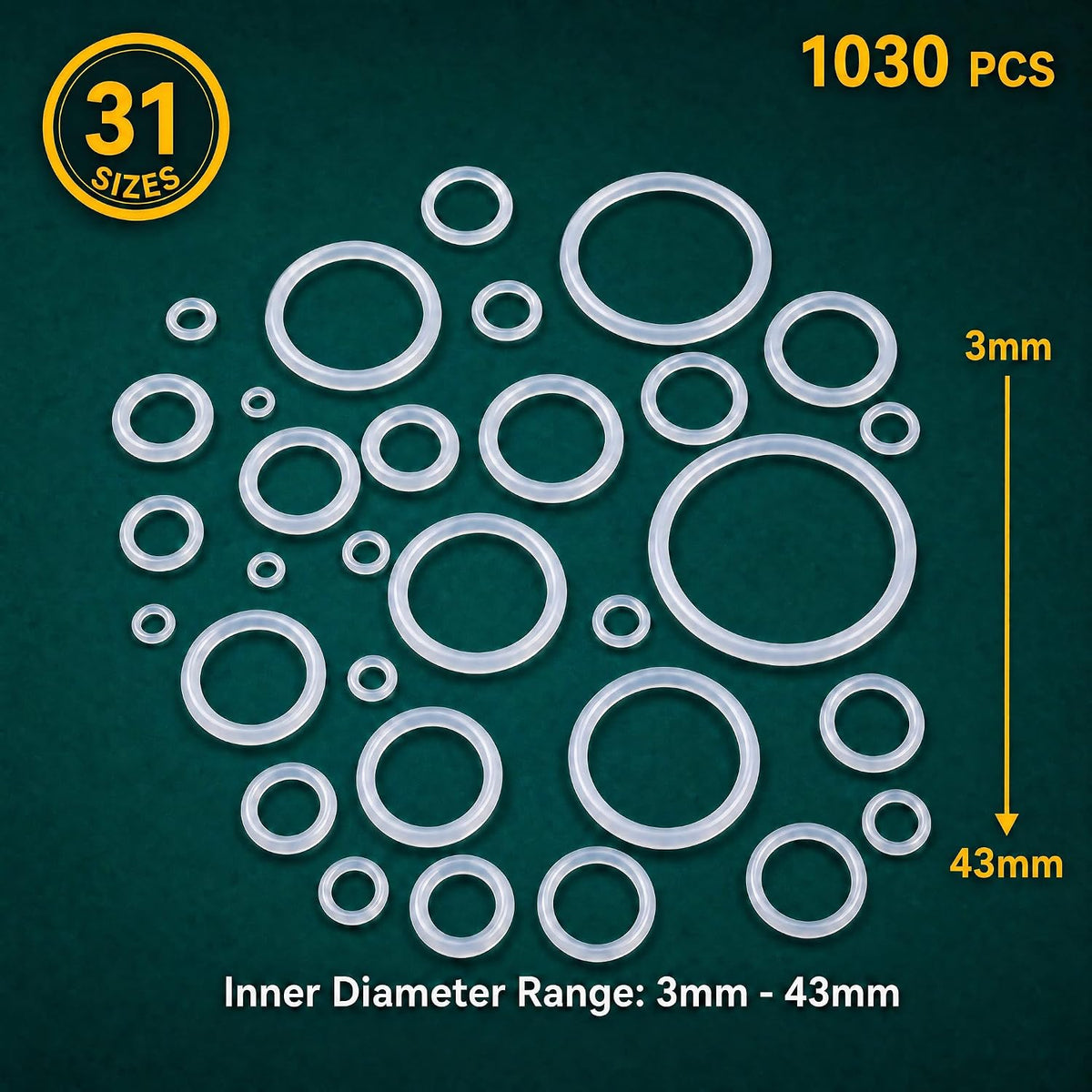 1030PCS Silicone Rubber O-Ring Assortment Kit in 31 Sizes