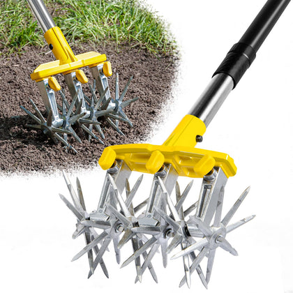 Rotary Cultivator Garden Tool with Extra-Large Tines, 74-Inch Long Handle Manual Tiller Cultivator, Heavy-Duty Rotary