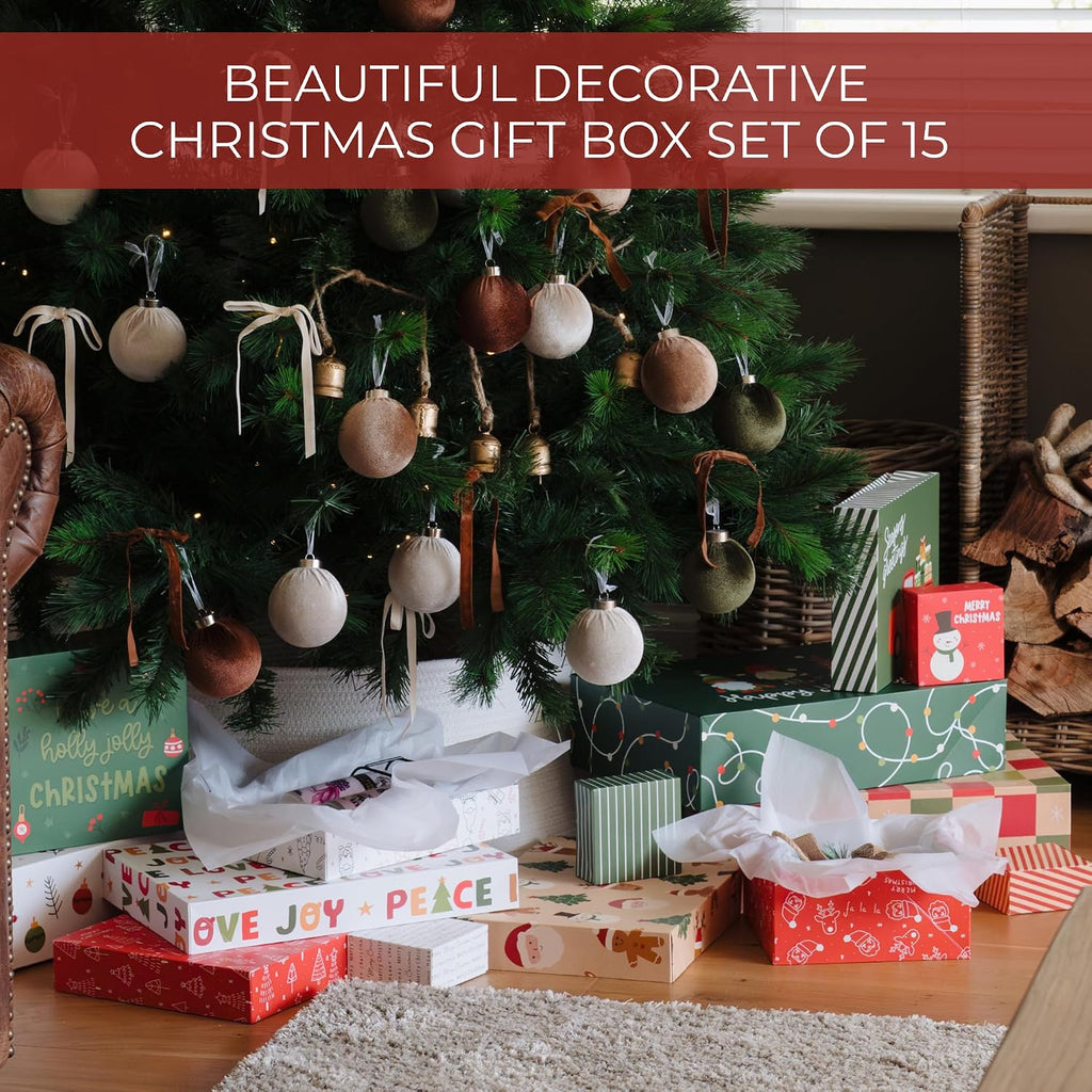 Beautiful Christmas Gift Boxes Set of 15 - Holiday Present Boxes for Shirts