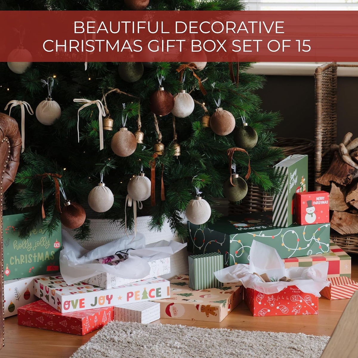 Beautiful Christmas Gift Boxes Set of 15 - Holiday Present Boxes for Shirts