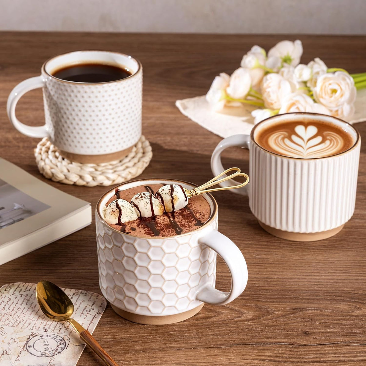 15 OZ Stackable Coffee Mugs Set of 4, Ceramic Coffee Cups Set