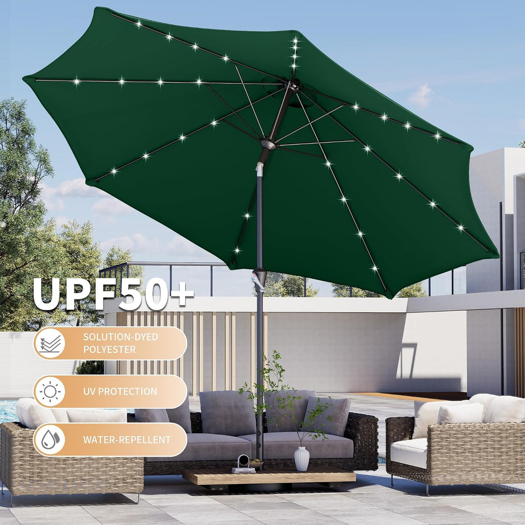 10FT Outdoor Patio Umbrella with Solar Lights, Market Table Umbrella with Push Button Tilt & Crank, 8 Sturdy Ribs, 32