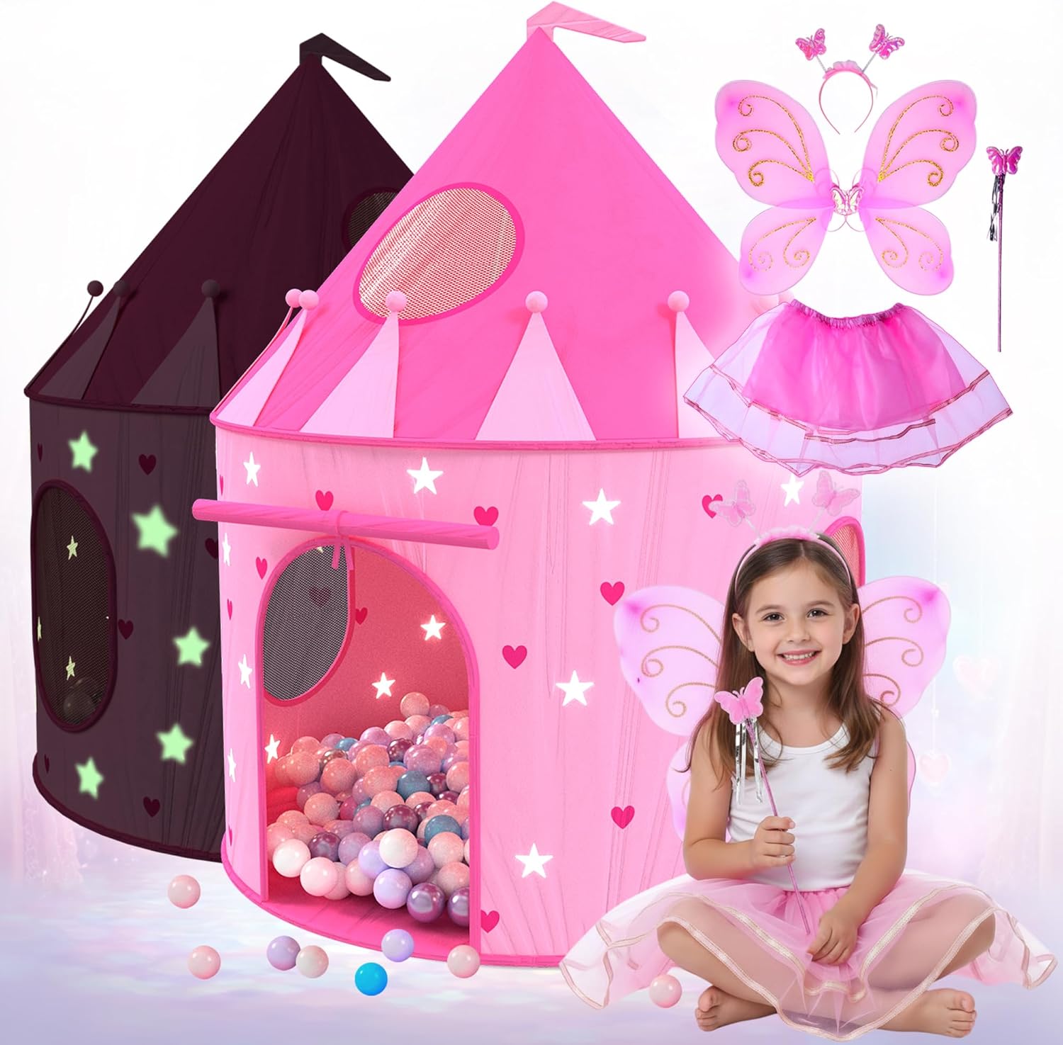 Princess Castle Pop Up Tent & Dress Up Set – Kids Pink Playhouse Tent for Girls with Glow in The Dark Stars, Foldable