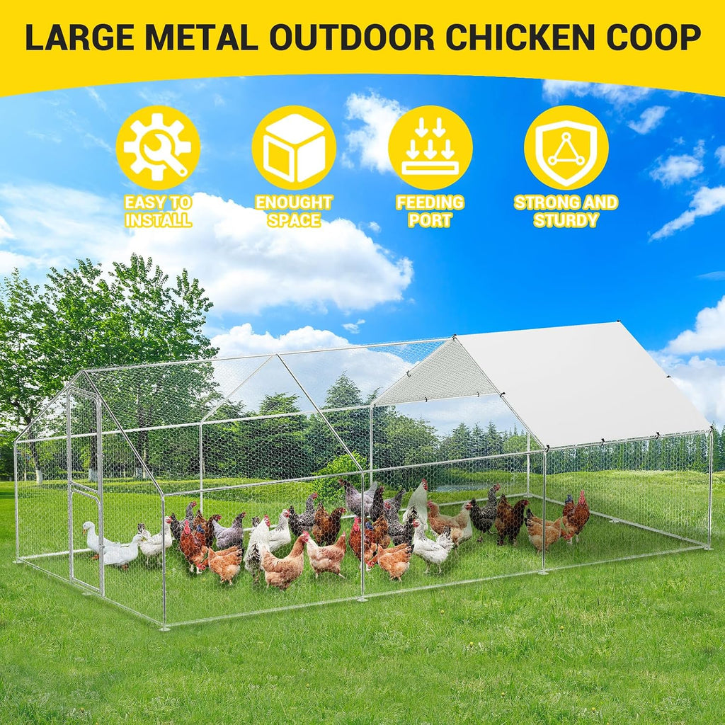 Chicken Coop with Run, Walk-in Metal Gable Roof Outdoor Pen