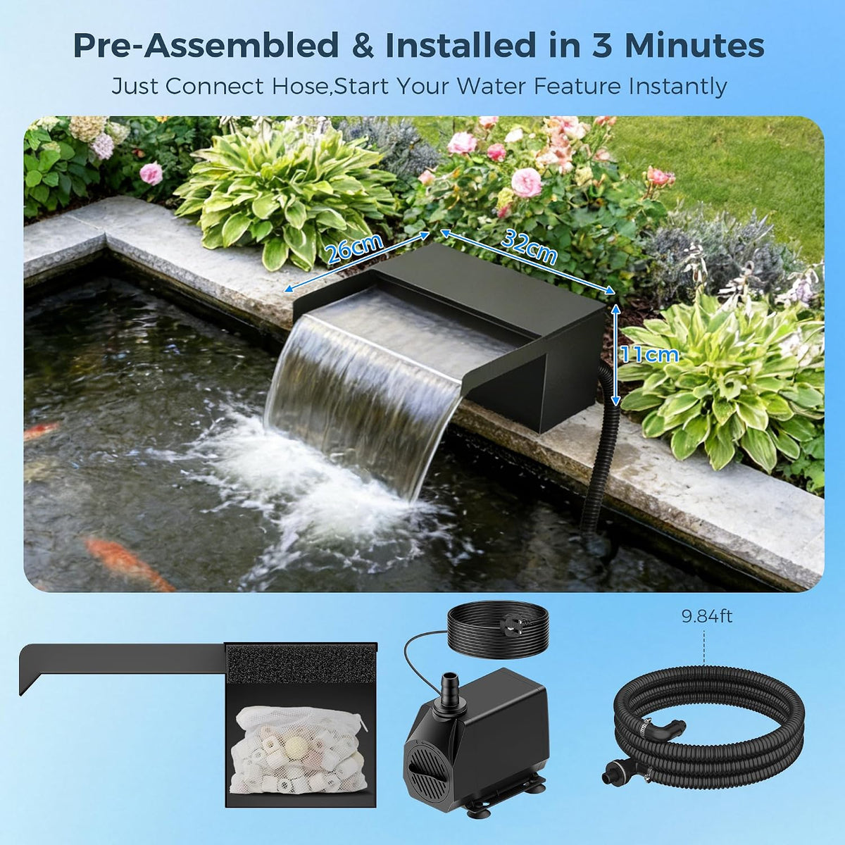 12.2" Pond Waterfall Spillway Filter 660GPH Pump for Garden Stream