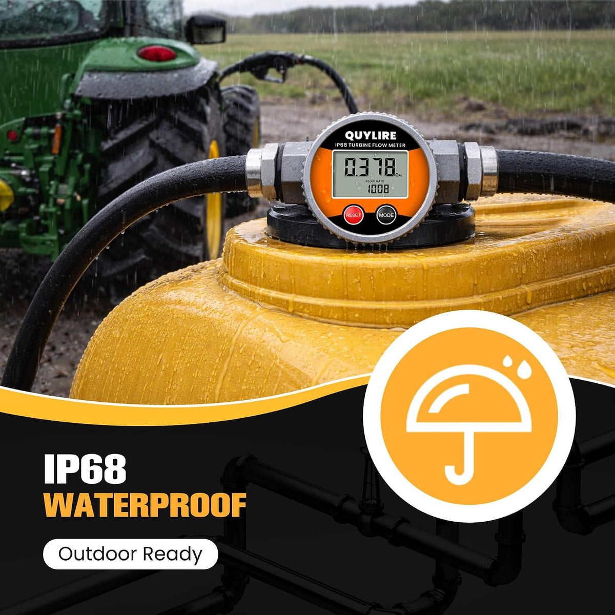Waterproof 1" Fuel Flow Meter, 3/4" Adapters, Water/Diesel/Gasoline