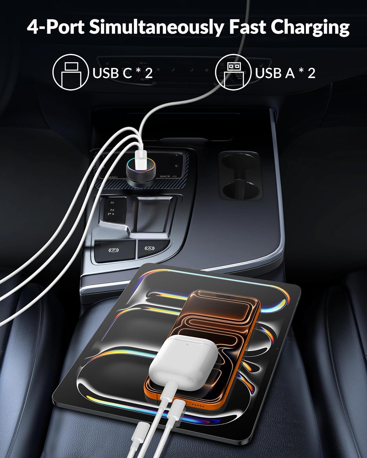 Car Charger USB C, 4-Port 90W Super Fast Charging Car Phone Charger Accessories Dual USB-C & USB-A Cargador Carro