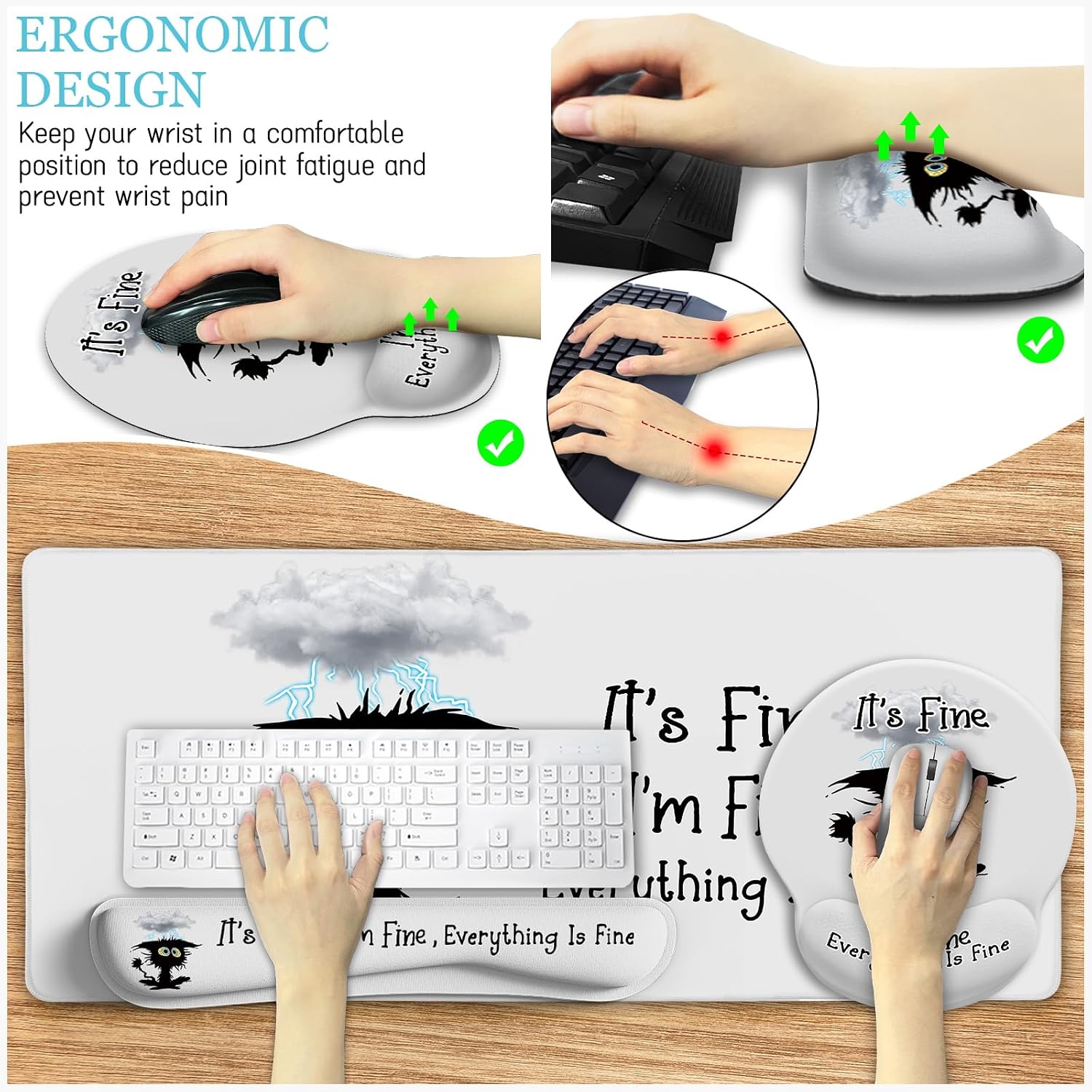 Large Gaming Mouse Pad Desk Mat Set, Funny Black Cat Desk Decor | Ergonomic Gel Wrist Rest, Computer Keyboard Mat