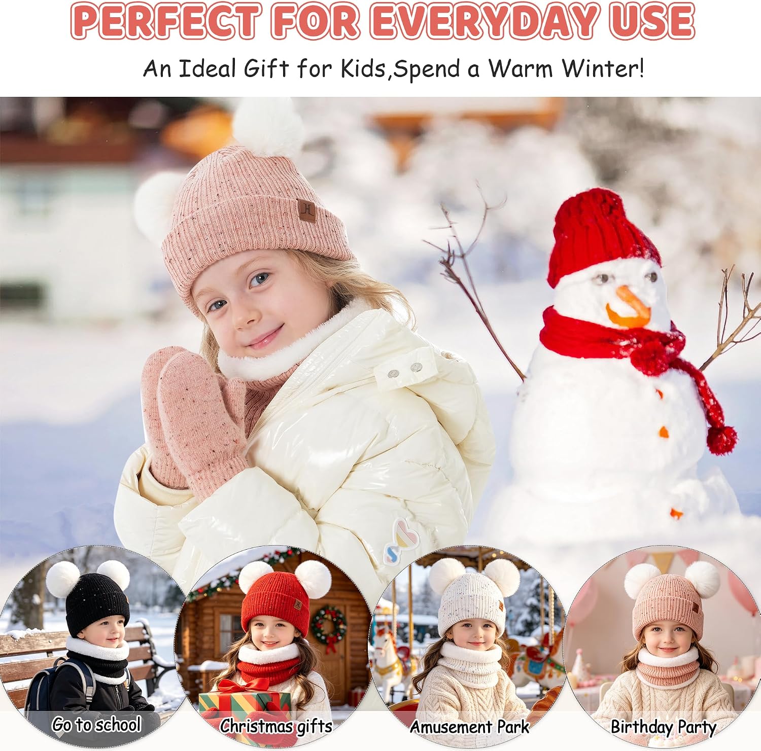 Kid Toddler Winter Beanie Hat Gloves Scarf for 0-4Y Girls | Pompoms Knit Thermal Warm Mittens for 0-6 6-12 12-18