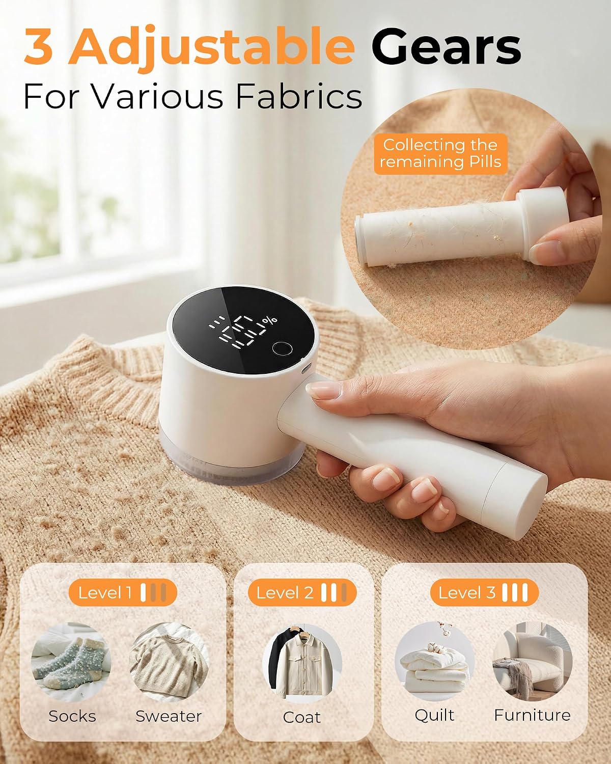 Fabric Shaver, 2 in 1 Rechargeable Sweater Shaver with Lint Roller, Magnetic Cap, Digital Display, 2 Extra Blades