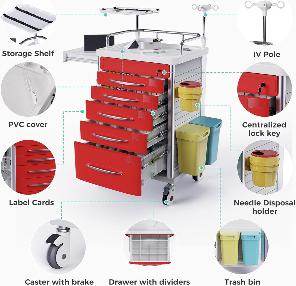 Medical Emergency Rolling Crash Cart with Drawers and Silent Casters | Adjustable IV Pole, Needle Disposal Holder