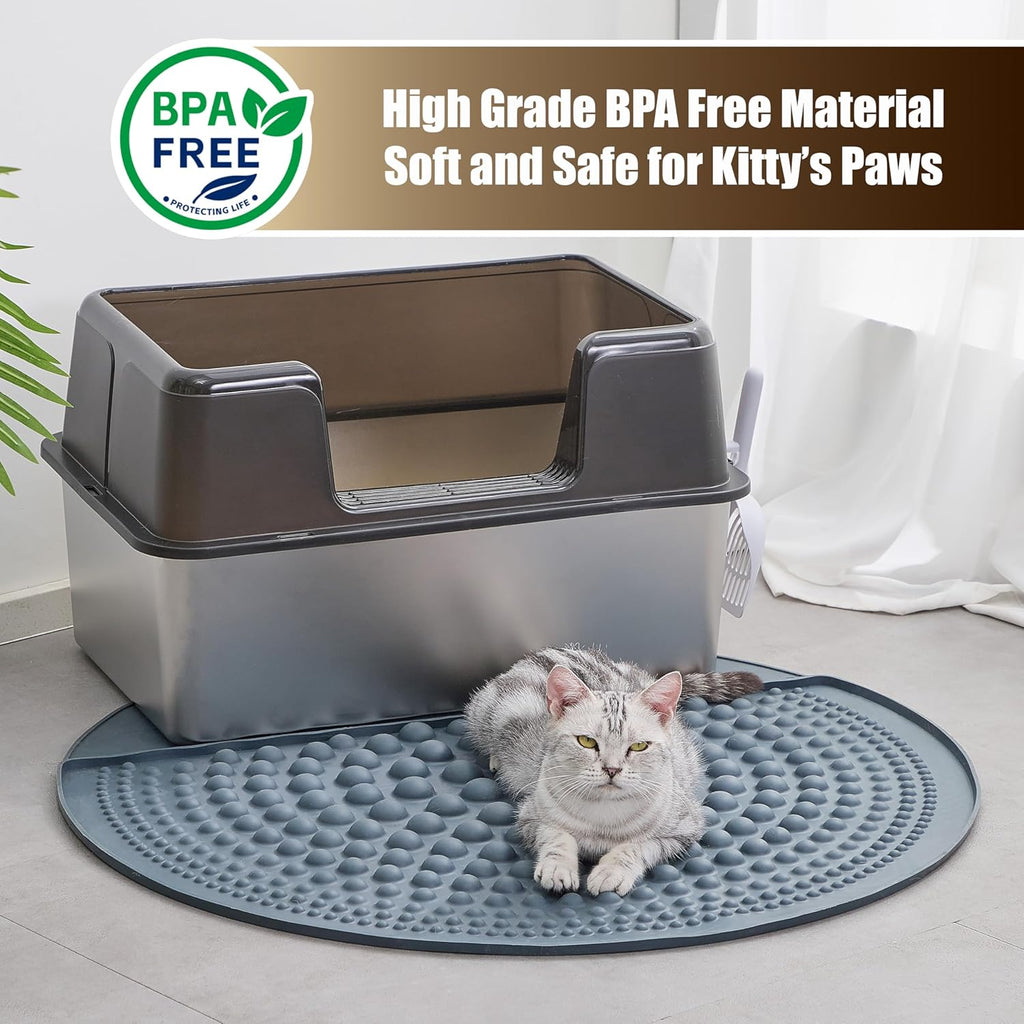 Silicone Cat Litter Trapping Mat,32" Round Waterproof & Non-Slip Litter Catcher, Self-Cleaning Litter Box Mat, Large