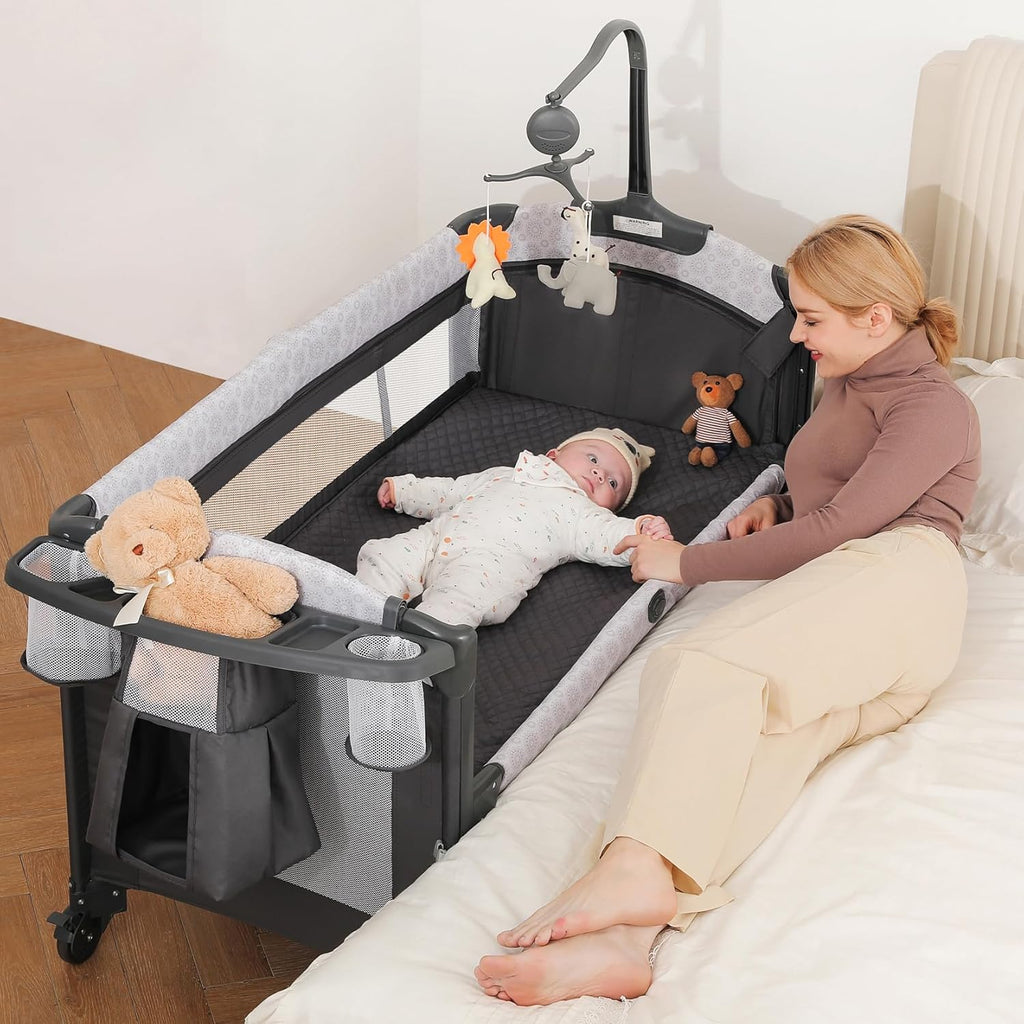 4 in 1 Baby Bassinet Bedside Crib with Diaper Changer, Mattress, 1-Second Set up Bedside Bassinet with 3 Adjustable