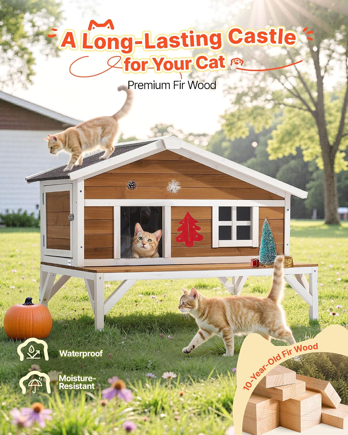 Insulated Cat House, All-Around Foam Insulation Elevated Cat Shelter, Wooden Feral Kitty Shelter with Large Platform